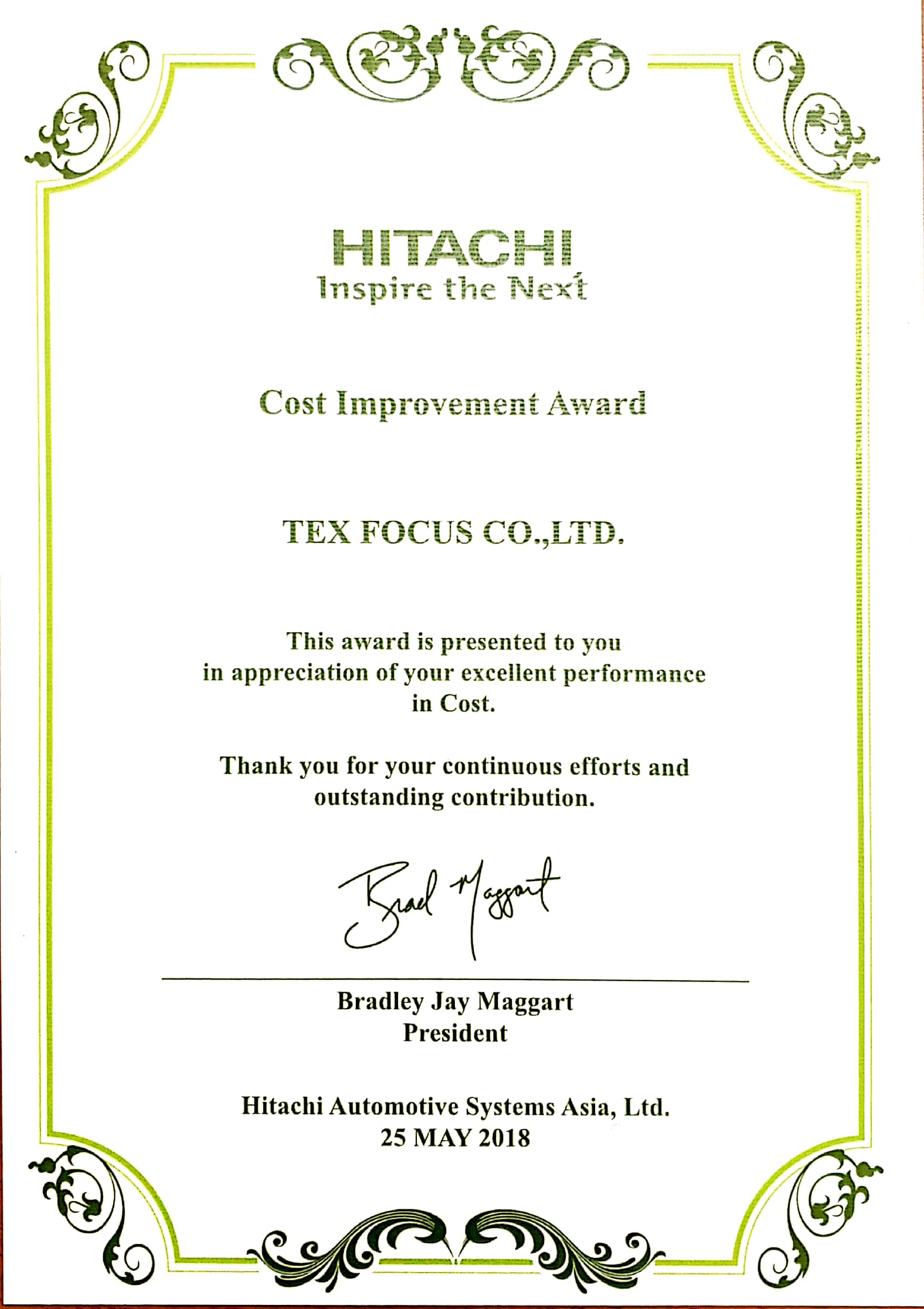 Cost improvement certificate